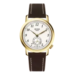 KUOE Old Smith 90-007, Gold Case, White, Gold Hands, on cordovan leather strap