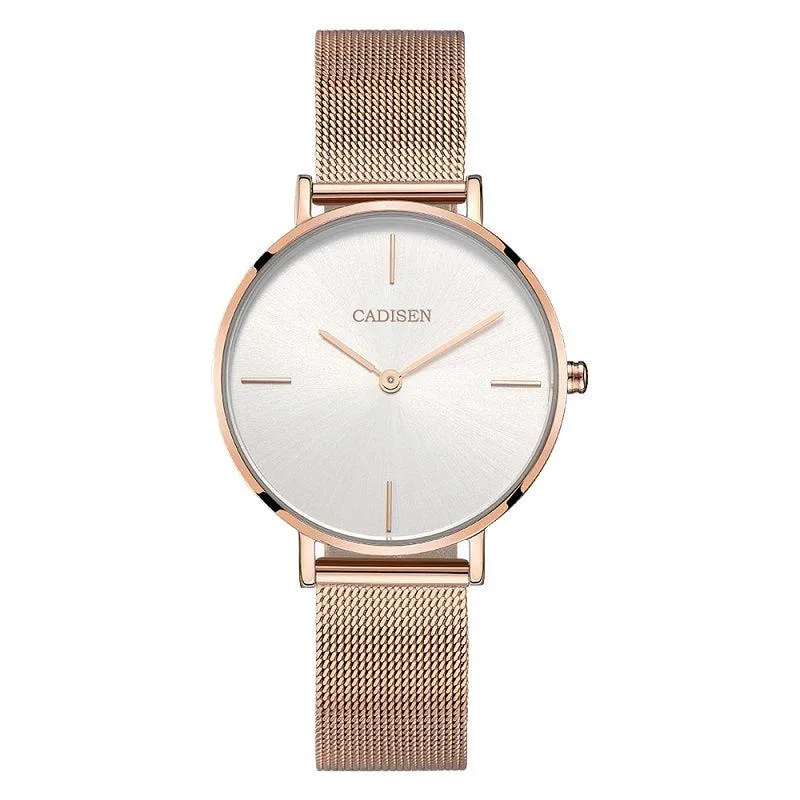Cadisen C1031L with white dial, rose gold-tone case and mesh bracelet