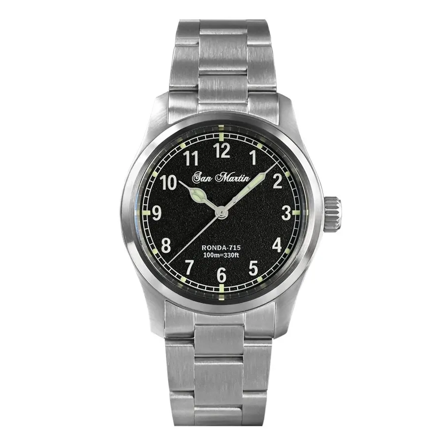 San Martin SN034-A-SY 37mm quartz with textured black Arabic-numeral dial on steel bracelet