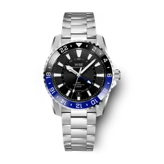 Wise Adamascus ADX130 True GMT in 904L steel, black sunburst dial, black and blue bezel and blue GMT hand, on 904L bracelet