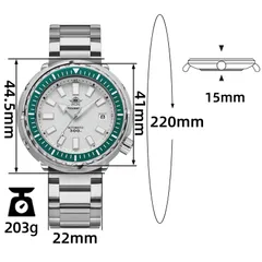 Addiesdive AD2090 dimension graphic (41mm, 44.5mm, 15mm, 22mm, 220mm, 203g)
