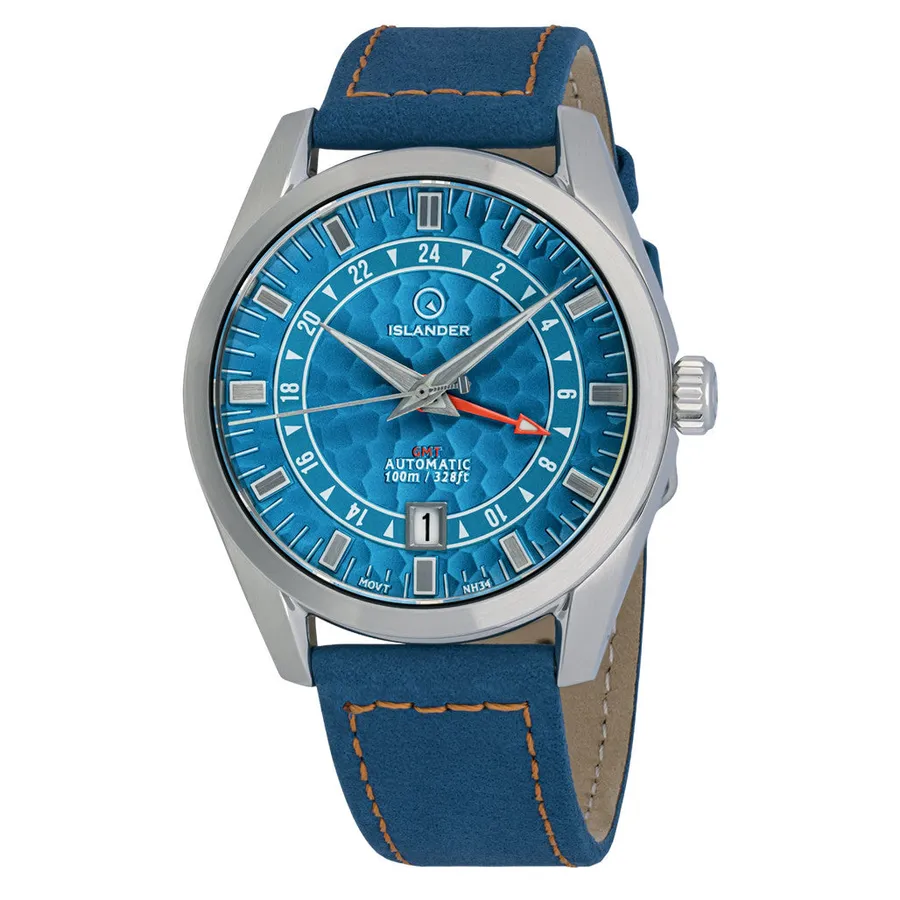 Islander Melville GMT with blue hammered dial, 24-hour track, orange GMT hand and date at 6 on blue leather strap