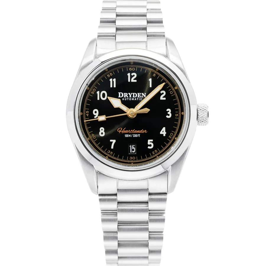 Dryden Heartlander Automatic Date, Black & Gold dial with date at 6, on president-style bracelet