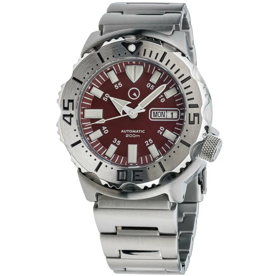 Islander ISL-59 automatic dive watch with red dial, day-date at 3 and steel bezel on solid-link bracelet