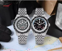 San Martin SN0116-G2-GMT with matte grey and matte black dials and world-timer bezels