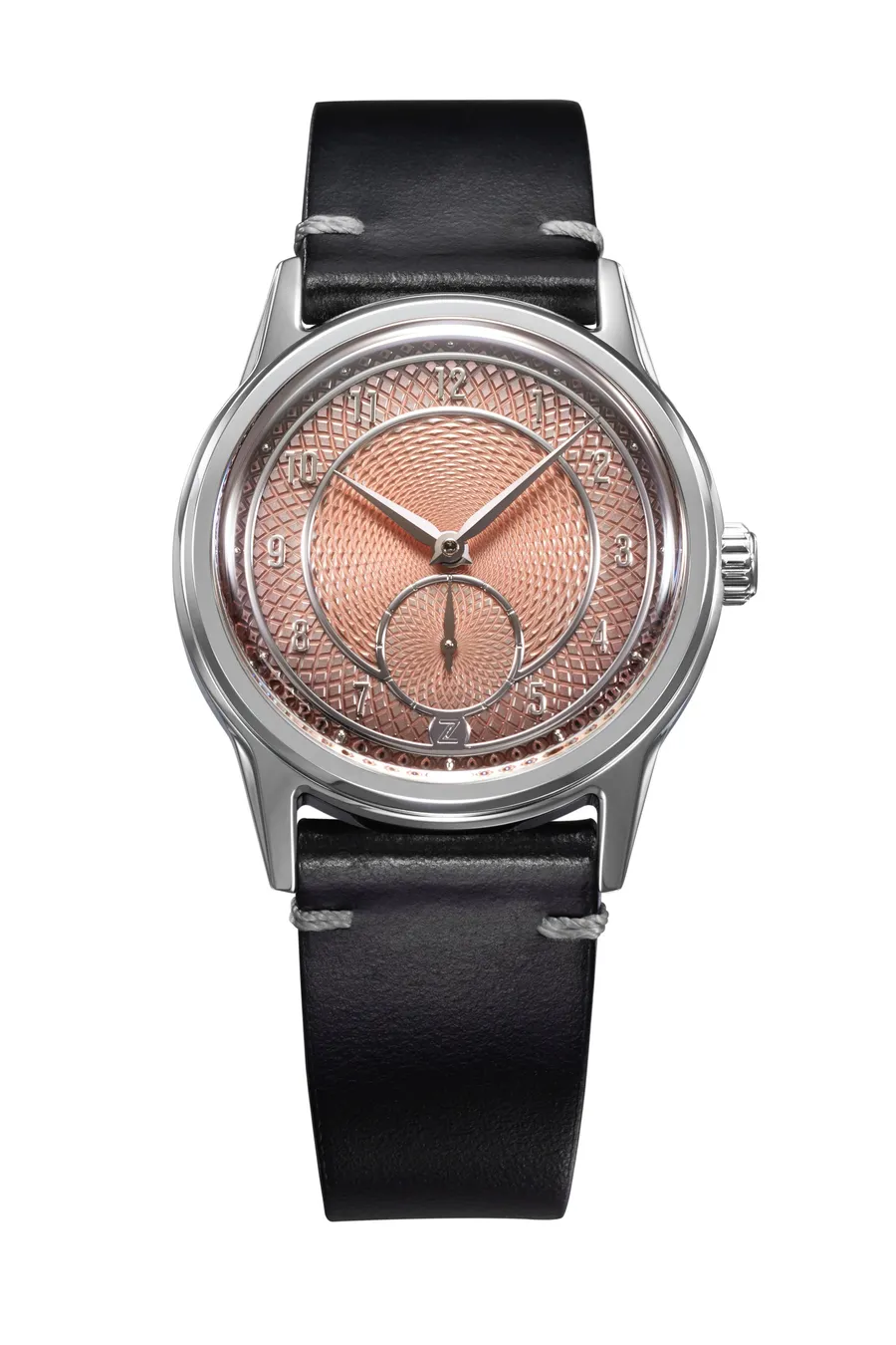 Zelos Nova 37mm Salmon, polished steel case, fumé salmon guilloché dial with small seconds, on black leather strap