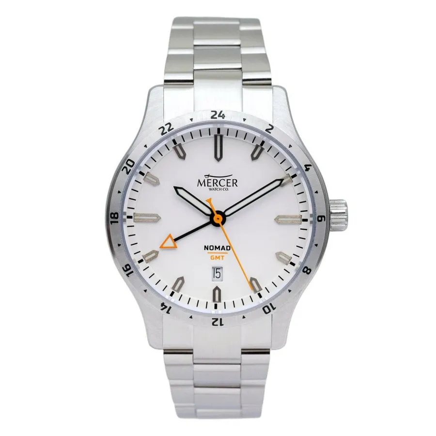 Mercer Nomad GMT Polar, white dial with orange GMT hand and fixed steel 24-hour bezel on an oyster bracelet