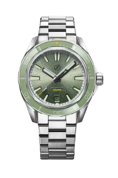 Zelos Swordfish 40mm SS Sage Green, sage green dial and bezel, on bracelet