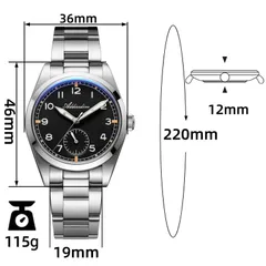 Addiesdive AD2099 with the brand's dimension callouts (36mm, 46mm, 12mm, 19mm, 115g)