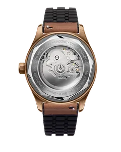 Undone Basecamp Quest see-through steel caseback marked CuSn8 bronze case and pressure tested to 100 meters, showing the NH34A