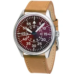 Islander Aviator Automatic with sunburst burgundy Type-B dial on tan leather strap