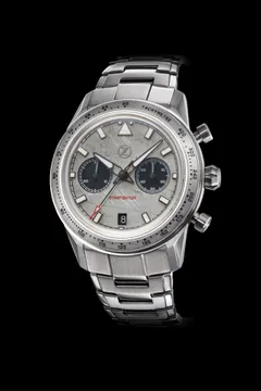 Zelos Starfighter Chronograph Spitfire Limited Edition, grey aluminium dial from a Spitfire wing panel, black subdials, steel tachymeter bezel, on steel bracelet