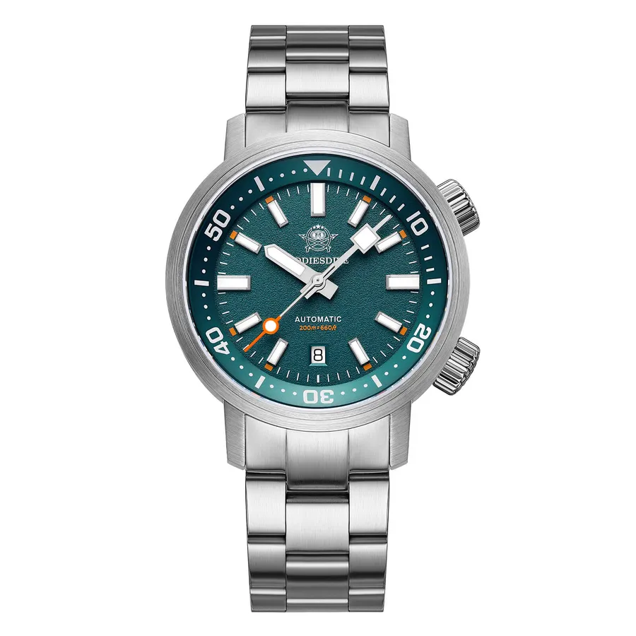 Addiesdive AD2541 with dark teal-blue dial, internal rotating bezel and two crowns on a three-link bracelet