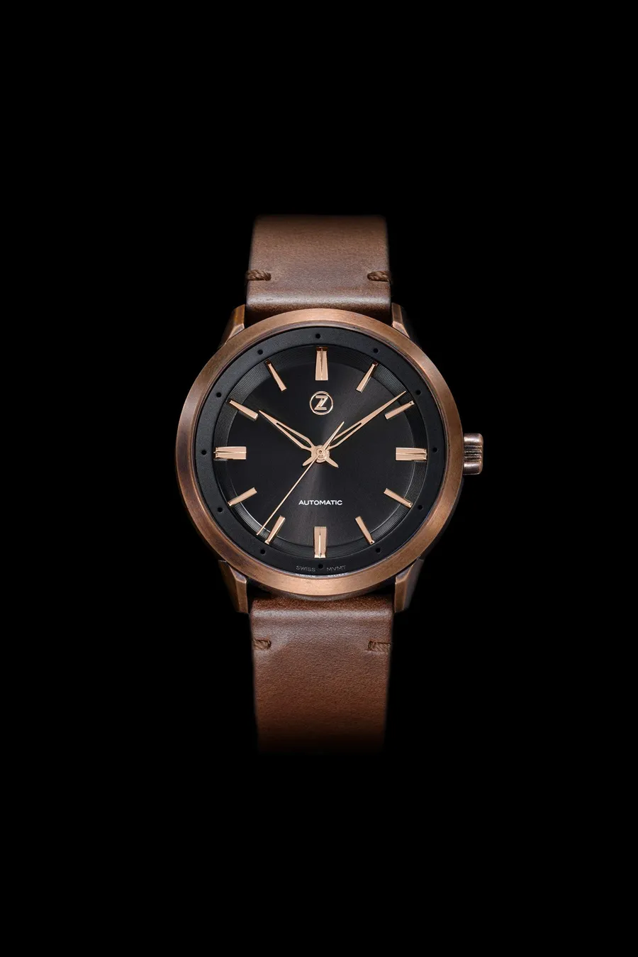 Zelos Gallant G-3, bronze case, black sunburst dial with rose-gold-tone hands and indices, on brown leather strap