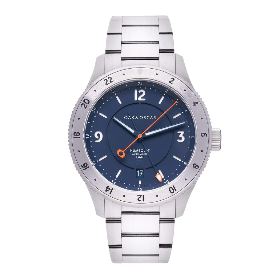 Oak & Oscar Humboldt GMT, navy sandwich dial and steel 24-hour bezel, on steel bracelet