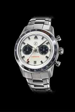 Zelos Starfighter Chronograph Frost, white panda dial with black subdials and black ceramic tachymeter bezel, on steel bracelet