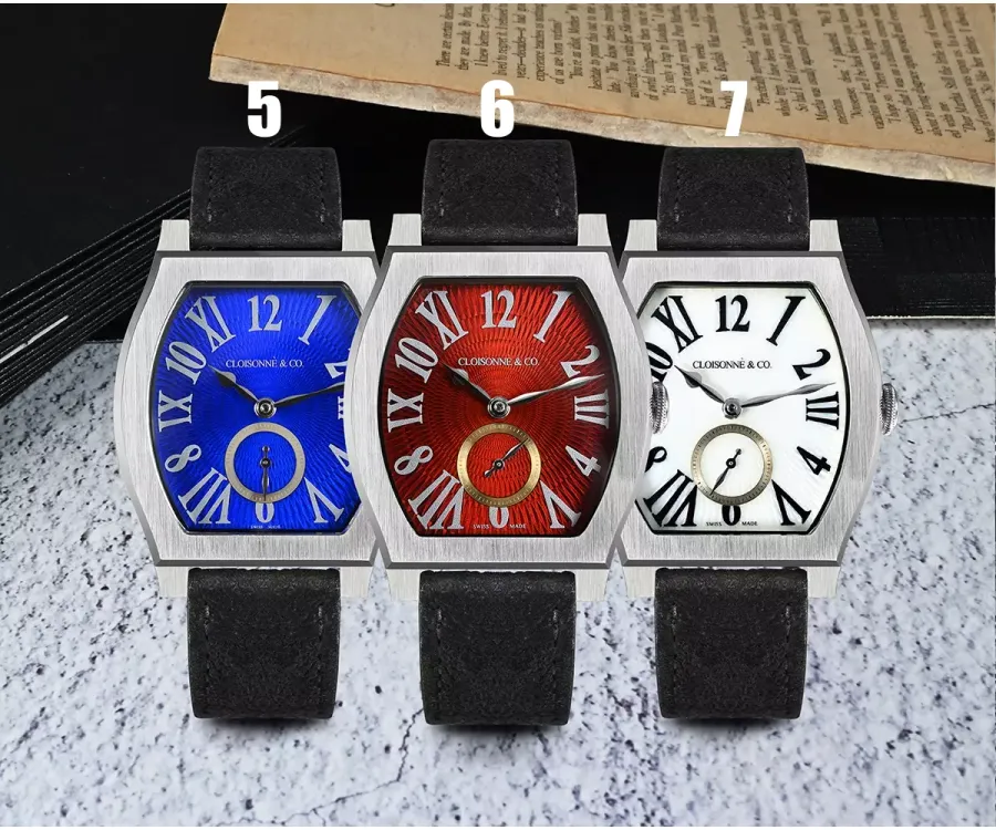 San Martin SN0100 36mm barrel-shaped case with blue, red and white enamel dials on black straps