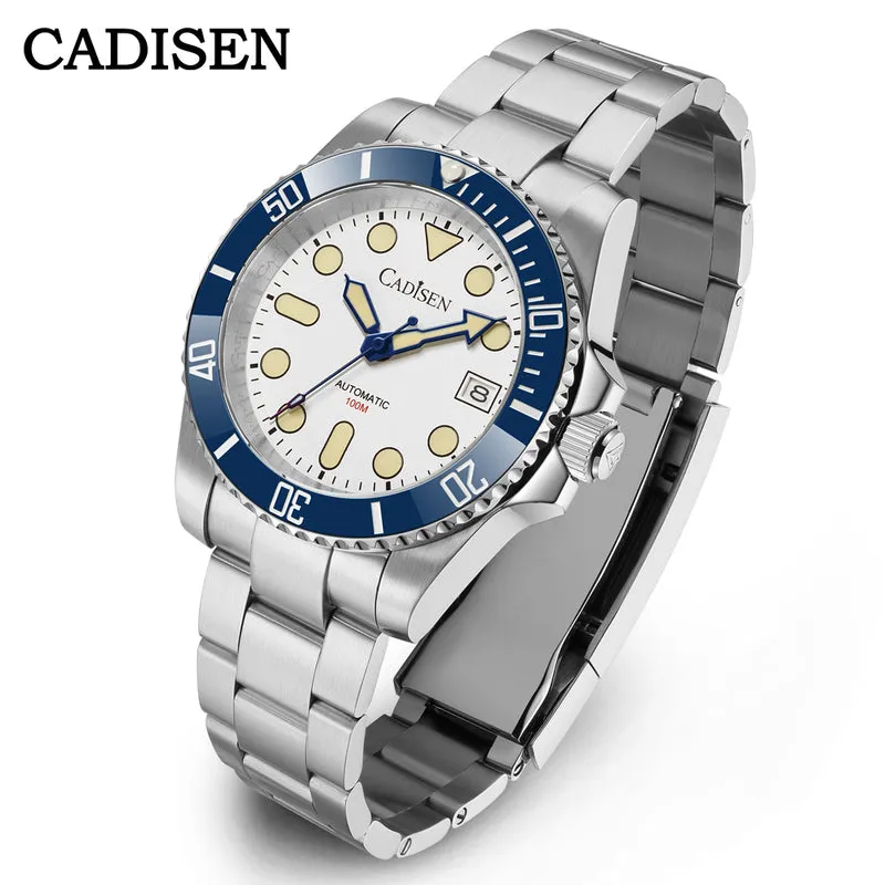 Cadisen C8238 diver with white dial, round cream lume markers, blue 60-minute bezel and date at 3 on an oyster-style steel bracelet