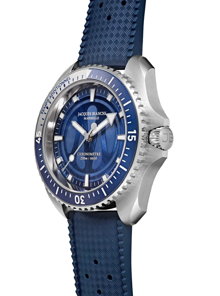 Jacques Bianchi OM200 (Olympique de Marseille), blue enamel dial and blue bezel, on blue Tropic strap