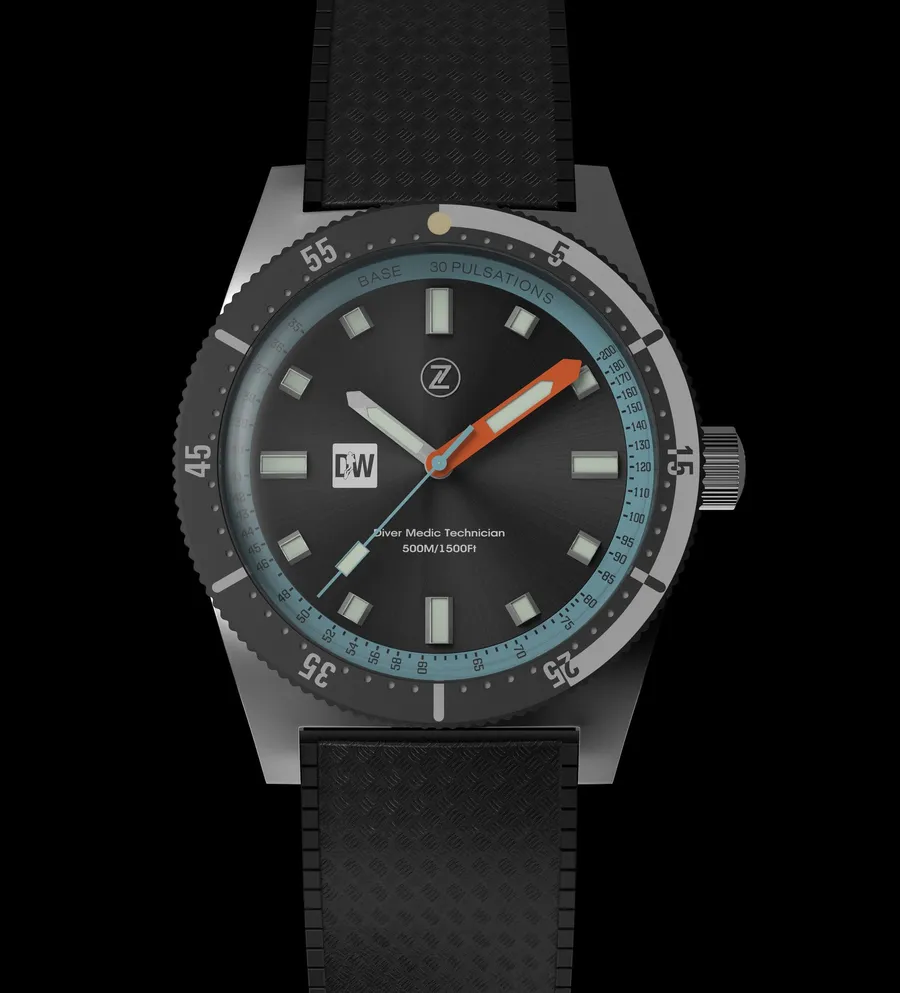 Zelos DMT 500m Diver without date (Zelos render), charcoal dial with aqua pulsations ring and orange minute hand, black and silver bezel, on tropic rubber strap