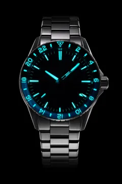 Zelos Spearfish GMT Aventurine lume shot with lumed bezel