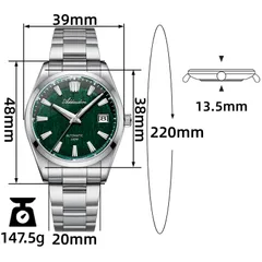Addiesdive AD2075 dimension graphic (39mm, 48mm lug-to-lug, 13.5mm, 20mm, 147.5g)
