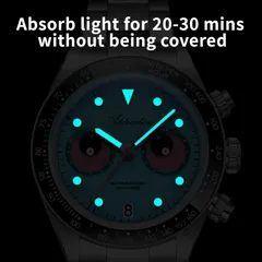 Addiesdive AD2557 lume shot of the turquoise dial, hands and hour markers glowing blue