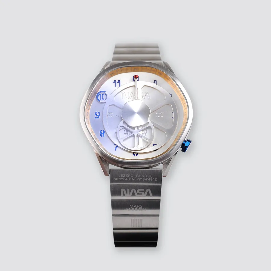 Anicorn The Mars Time with a sculpted Jezero Crater dial, blue crown and steel bracelet