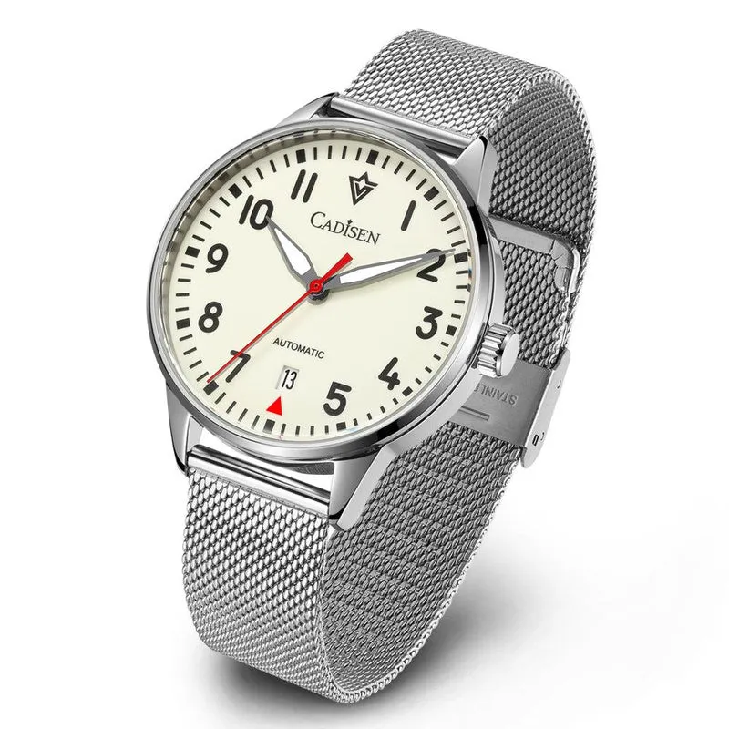 Cadisen C8224 pilot-style automatic with cream lumed dial, black Arabic numerals, red seconds hand and date at 6 on a steel mesh bracelet