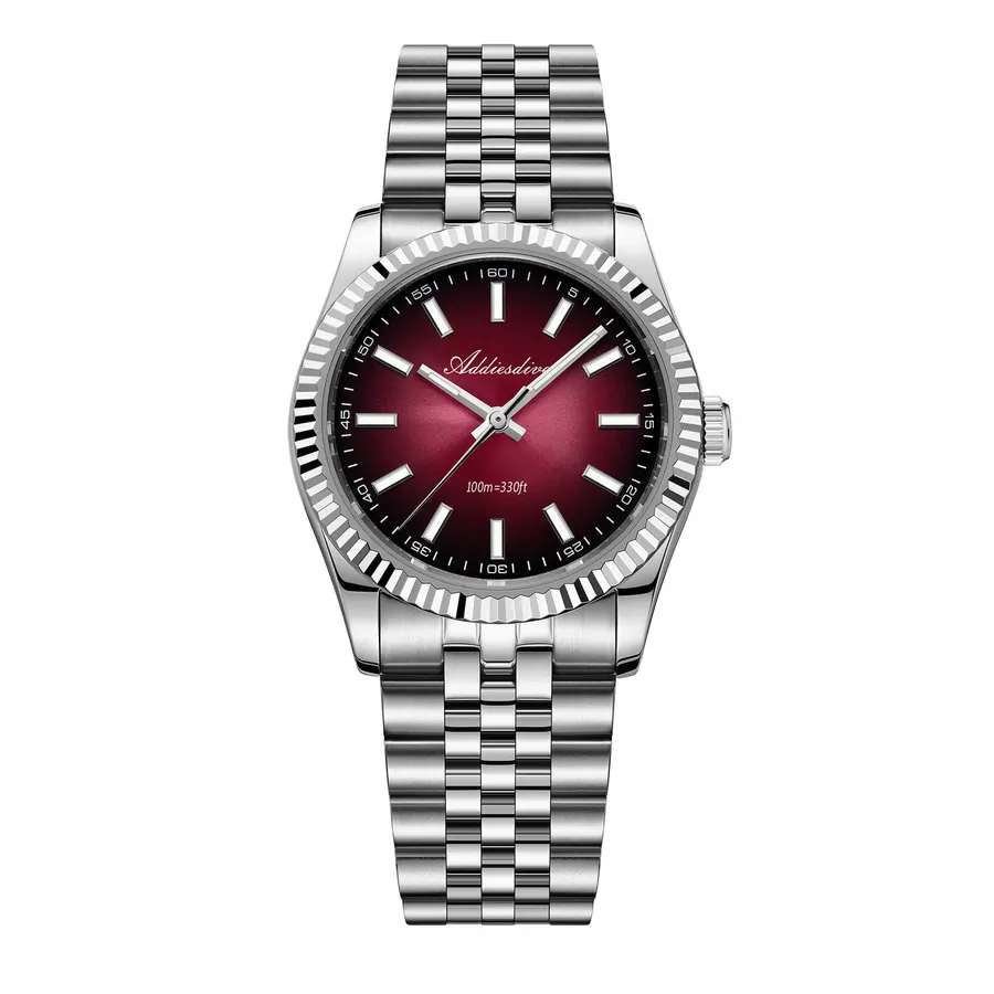 Addiesdive AD2073 with red gradient dial, fluted bezel and jubilee bracelet