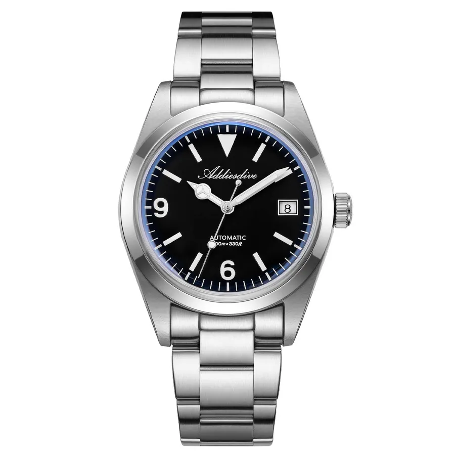 Addiesdive AD2556 Explorer-style watch with black dial, white 6 and 9 numerals and triangle at 12 on a three-link bracelet