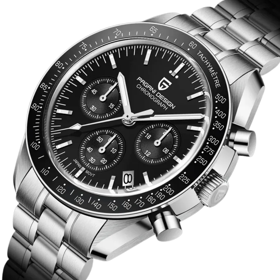 Pagani Design PD-1701 chronograph with black dial on steel bracelet