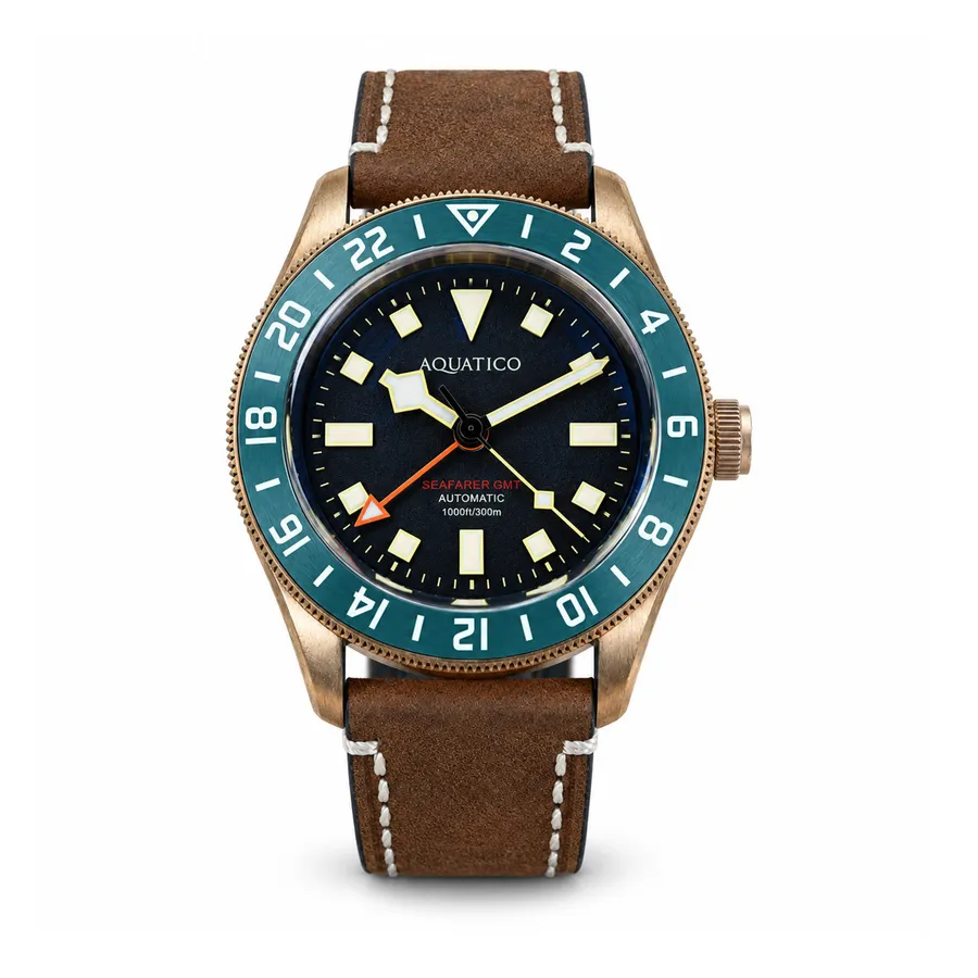 Aquatico Bronze Seafarer GMT with black dial, teal 24-hour bezel and orange GMT hand, on brown leather strap