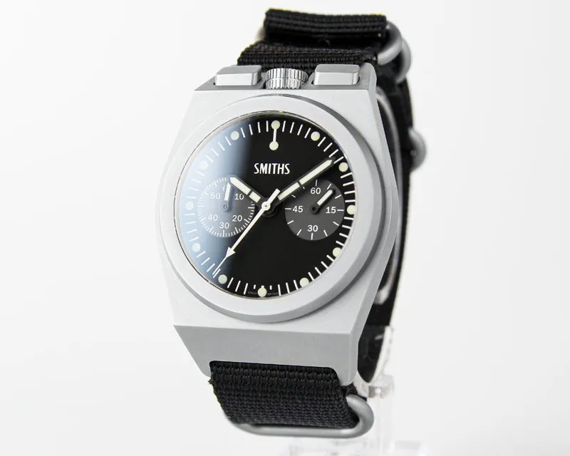 Timefactors Smiths PRS-40 Chronograph Two Dial, bead-blasted angular case with crown at 12, two-register black chronograph dial, on black strap