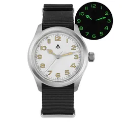 Militado ML08 (VH31) with white dial, gilt numerals and snake hands on black nylon strap