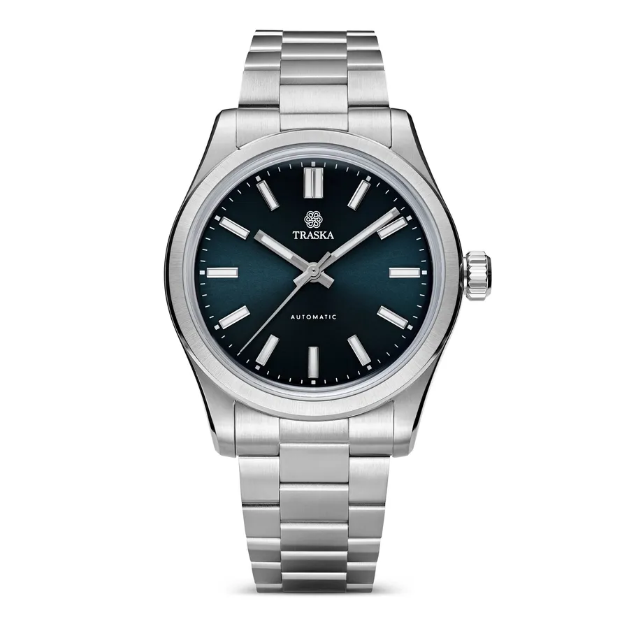 Traska Commuter 38, blue sunburst no-date dial, on bracelet, front view