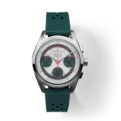Bravur Grand Tour with silver-white dial, dark green sub-dials and pink details on a dark green FKM rubber strap