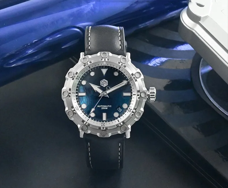 San Martin SN025-G 45mm octopus diver with blue mother-of-pearl dial and screwed bezel on leather strap