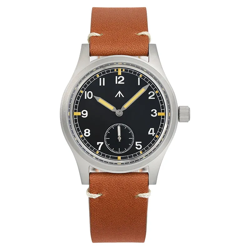 Militado D12 with black dial and pencil hands on brown leather strap