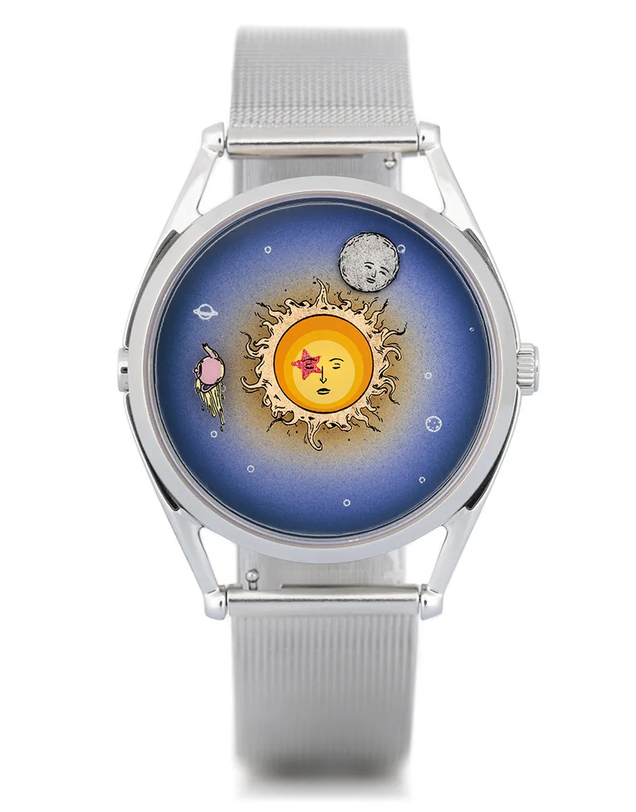 Mr Jones Moonhead PE, sun-faced moon with an orbiting teapot on a purple-blue sky dial, steel open-lug case on steel mesh, front view