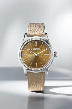 Selten Grand Feu Enamel Spiral Golden Fall, gold enamel dial, on beige leather strap