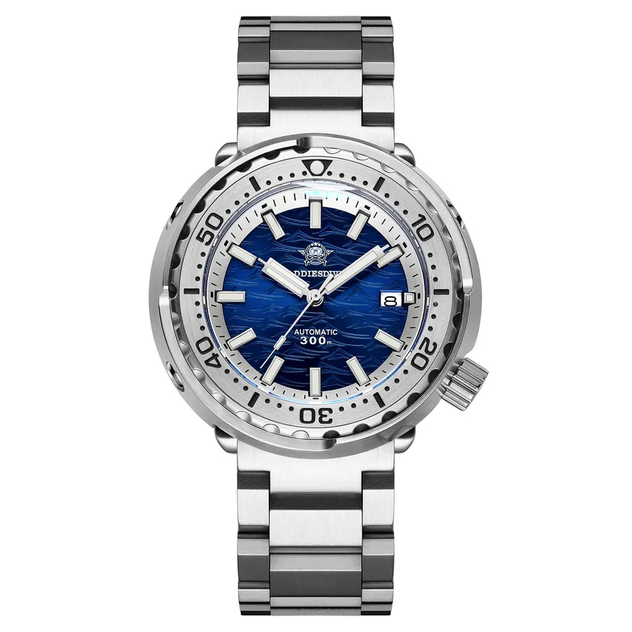Addiesdive AD2098 tuna-style diver with blue wave-textured dial and light ceramic bezel insert on a three-link bracelet