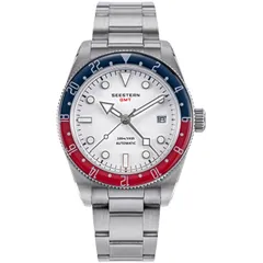 Seestern S478.W GMT with white dial and blue and red 24-hour bezel on steel bracelet