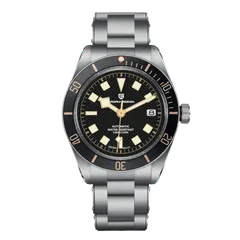 Pagani Design PD-1671 with black textured dial, gilt markers and black bezel on steel bracelet