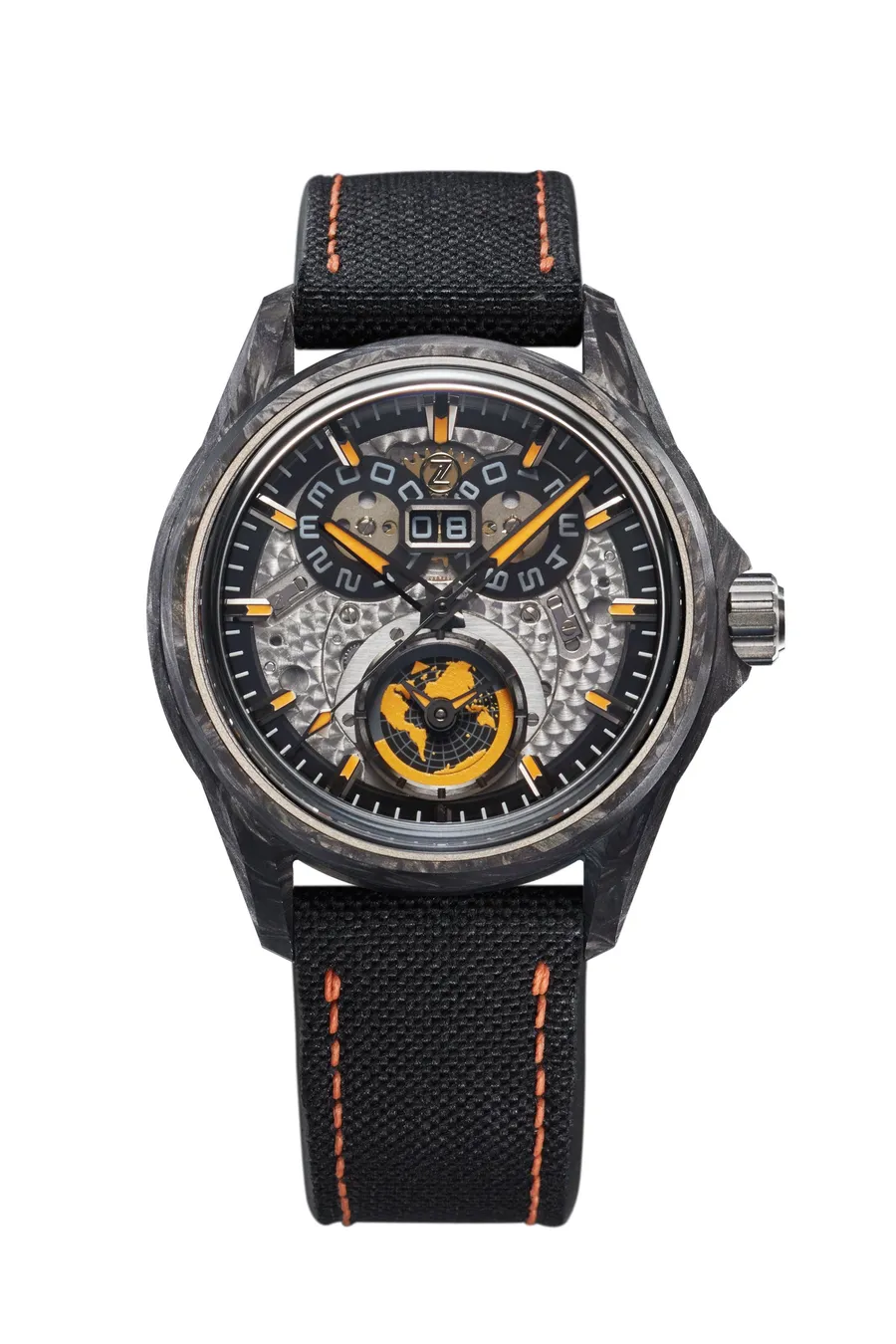 Zelos Spearfish Dual Time Carbon Supernova, forged carbon case, clear sapphire dial with orange accents, on black canvas strap with orange stitching