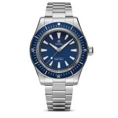 Traska Freediver, blue no-date dial, on bracelet, front view