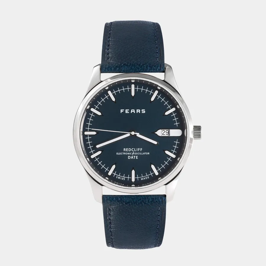 Fears Redcliff Date with glossy Fears Blue dial and pipette hour markers on a blue leather strap