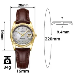 Addies AW25905 dimension graphic on the leather strap (28mm, 34mm lug-to-lug, 8.4mm, 16mm, 220mm, 34g)