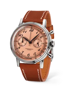 Undone Urban Vintage Salmon chronograph with salmon dial on a brown leather strap