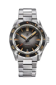 Zelos Swordfish 40mm SS Coal, fumé dark grey dial with patina lume, black ceramic bezel, on bracelet